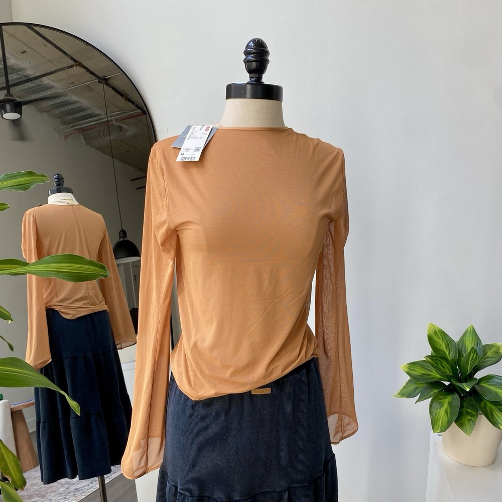 NWT Uniqlo x Mame Kurogouchi  Sheer Crew Neck Long Sleeve Women's Medium Brown